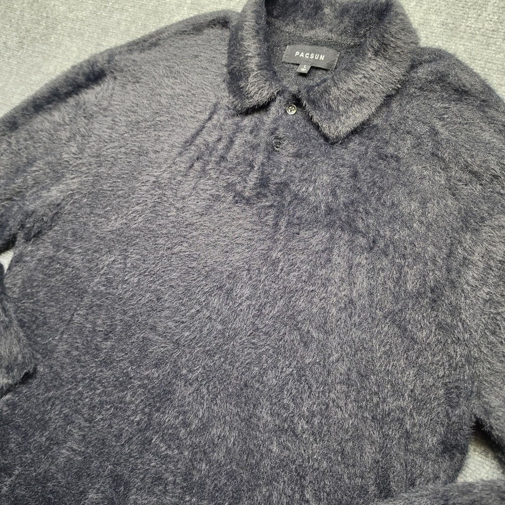 PacSun Mens Large Long Sleeve Collared Fuzzy Knit Polo Sweater Black